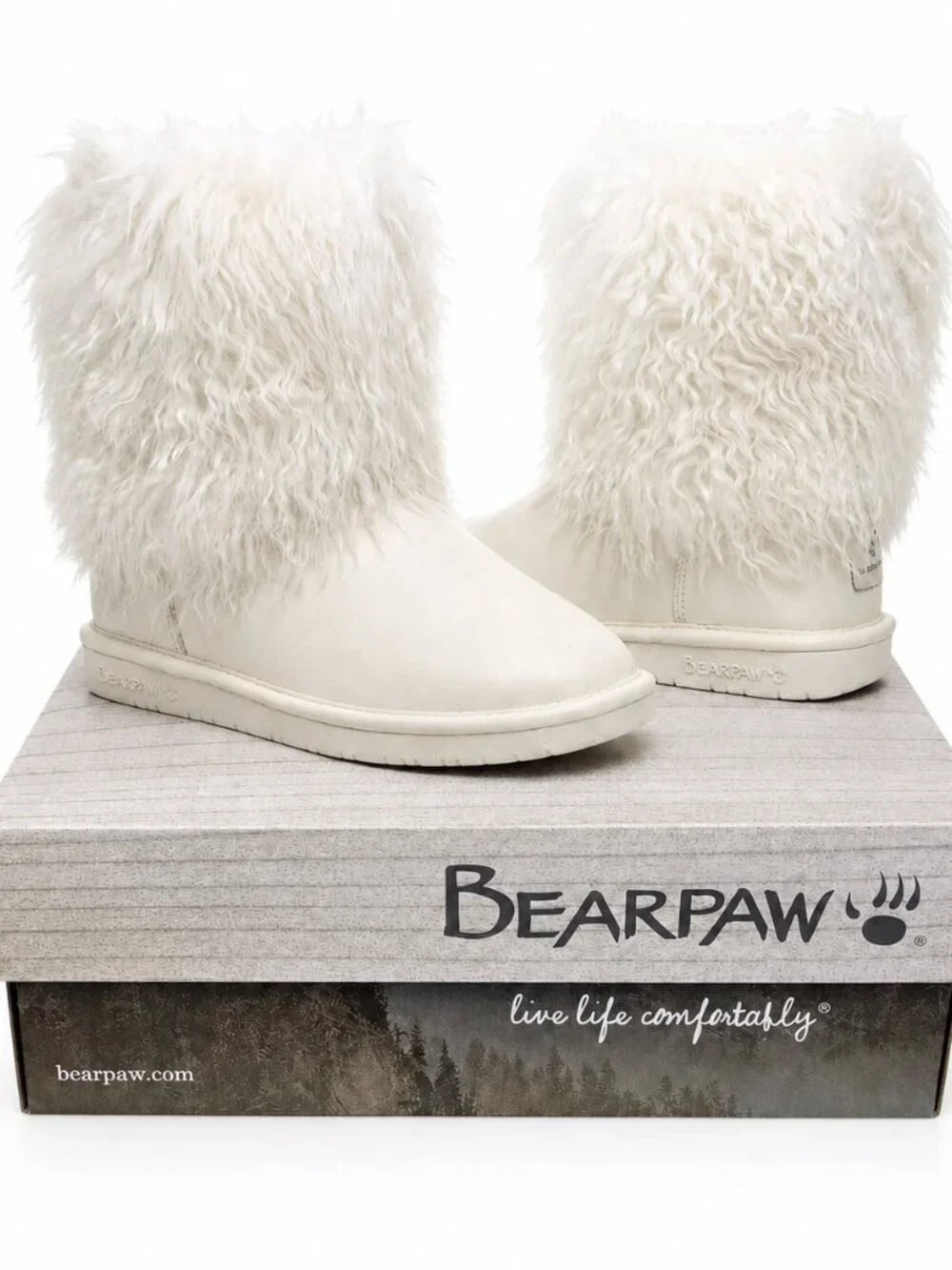 Bearpaw Boo Off White Shearling Wool Curly Lamb Fur Boho Sherpa Boots 7 NEW